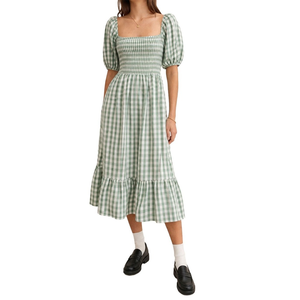 Reformation Rupert Midi Dress Green Gingham Puff Sleeve Cottagecore Prairie XS